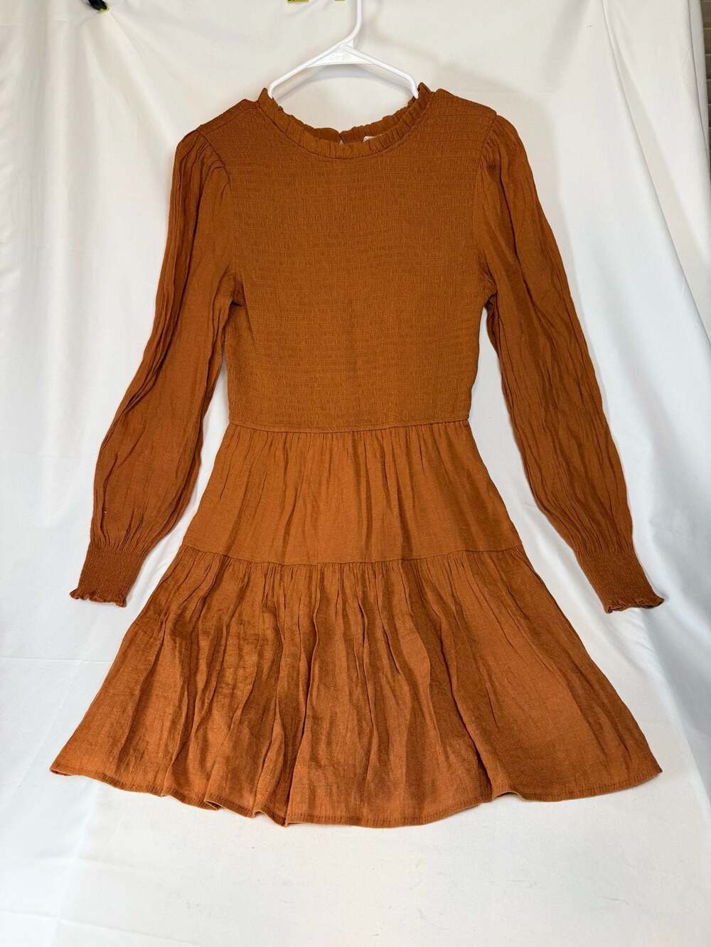 Cottagecore Boho chic Blu Pepper Burnt Orange Smocked Tiered Long Sleeve Mini Dr